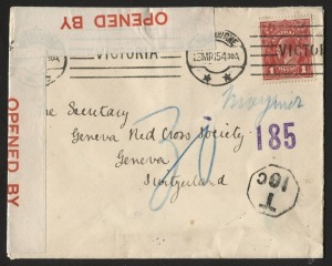 Postal History - World War I - Prisoners Of War Mail: 1915 (Mar.23) envelope addressed to Red Cross Geneva with 1d Red KGV, tied by MELBOURNE cds and with red-lettered Censor tape at top and left. Underpaid and with Hexagonal T10c on face. Has arrival datestamp of Geneva on reverse of 27 IV 15. Violet "185" cachet appears to indicate an POW Camp destination.