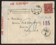 Postal History - World War I - Prisoners Of War Mail: 1915 (Mar.23) envelope addressed to Red Cross Geneva with 1d Red KGV,&nbsp;tied by MELBOURNE&nbsp;cds&nbsp;and with red-lettered Censor tape at top and left. Underpaid&nbsp; and with Hexagonal T10c on face. Has arrival da