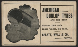 WESTERN AUSTRALIA - Postal Stationery: 1902-12 Melbourne printing Postcard (with border) 1d Blue Juhl PC 7, with illustrated all over 'American Dunlop Tyres' advertising on reverse. Neither Juhl nor Pope & Thomas make mention of Advertising cards, some mi