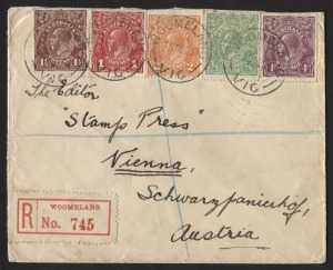 Lovely 5 colour franking on registered cover from WOOMELANG to AUSTRIA: ½d Green, 1d Red, 1½d Brown, 2d Orange & 4d Violet tied by multiple cds's of 18 Nov.1921 on cover to editor of “Stamp Press”. Reverse bears Reg’d cds of Melbourne 4 on the following day and London Red Hooded reg'd cancel of 25 DE 21 (Christmas day!) A very rare correct rate franking of 9d from a tiny town of fewer than 200 today! 4d is cat. $600 on cover. Small part flap missing.