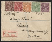 Lovely 5 colour franking on registered cover from WOOMELANG to AUSTRIA:&nbsp;&nbsp;&frac12;d Green, 1d Red, 1&frac12;d Brown, 2d Orange & 4d Violet tied by multiple cds's&nbsp;of 18 Nov.1921 on cover to editor of &ldquo;Stamp Press&rdquo;. Reverse bears Reg&rsquo;d cds of Melbourne 4 on the following 