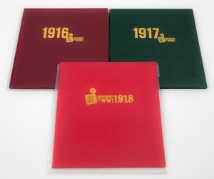 2016 Centenary of WW1 Miniature sheet collection in folder, each sheet numbered #219/250 or #157/50 and comprising of the issued sheet (SG.MS4564) plus two versions of the Miniature sheet in 24k gold; together with the 2017 collection (SG.MS4710) numbered #122/250; and, the 2018 Returning Home collection (SG.MS4987) numbered #040/250. (Total: 3 complete sets).