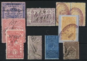 VICTORIA - Revenues: A range including 1908 Collector of Imposts (2, blue, carmine on pink), £5 and £10 purple Stamp Duty, 2/6 Stamp Statute pair and a single on piece, and a few others. (9).