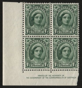 1949 (SG.229) No wmk 1½d green Queen, Authority Imprint blk.(4) with re-entries to L9/1, L10.1 and L10/2, fresh MUH. BW: 227zh.