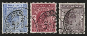 GREAT BRITAIN: 1902-10 (SG.260,263,& 265) KEVII 2/6d, 5/- & 10/-, fine used with strong unfaded colours and well centred. Stamps appear to have originated from same piece, having identical 'THREADNEEDLE ST' (London) postmarks, Cat. £870.