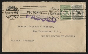 ½d Green & 2d Grey Kangaroos tied by Melbourne machine cancel, on Sept.1914 cover from Melbourne to USA with large straight line ‘PASSED’ censor mark in violet.