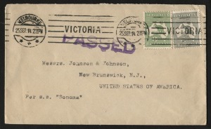  ½d Green & 2d Grey Kangaroos tied by Melbourne machine cancel, on Sept.1914 cover from Melbourne to USA with large straight line ‘PASSED’ censor mark in violet. 