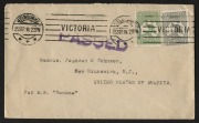 &nbsp;&frac12;d Green & 2d Grey Kangaroos tied by Melbourne machine cancel, on Sept.1914 cover from Melbourne to USA with large straight line &lsquo;PASSED&rsquo; censor mark in violet.&nbsp;