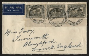 1940 commercial airmail cover carried Melbourne to England at the 1/6d correct rate with the unusual use of 1931 6d Brown Airmail, Ash Imprint strip of 3 to pay the fee. Most unusual and attractive.