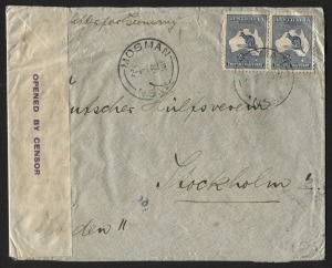 Aug.1916 use of 2½d Indigo pair cancelled on censored double-rate cover from MOSMAN; “Letter for Germany” at top and censor tape in purple at left. To overcome the difficulty in sending letters to Germany during WWI mail was usually routed via Switzerland; unusually this example was sent via Sweden, with STOCKHOLM b/stamps.