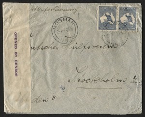 Aug.1916 use of 2½d Indigo pair cancelled on censored double-rate cover from MOSMAN; “Letter for Germany” at top and censor tape in purple at left. To overcome the difficulty in sending letters to Germany during WWI mail was usually routed via Switzerland