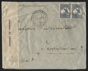 Aug.1916 use of 2&frac12;d Indigo pair&nbsp;cancelled&nbsp;on censored double-rate cover from MOSMAN;&nbsp;&ldquo;Letter for Germany&rdquo; at top and censor tape in purple at left. To overcome the difficulty in sending letters to Germany during WWI mail was usually&nbsp;routed via Switzerland