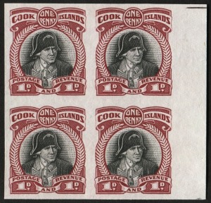 COOK ISLANDS: 1932 Captain Cook 1d black & carmine - marginal, imperforate, Perkins Bacon plate proof block of (4) in the issued colours on ungummed paper.