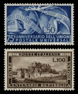 ITALY: 1949 50L U.P.U. and 100L Centenary of the Roman Republic, (2) both superb MUH.