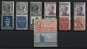 ITALY: 1924-25 definitives with advertising labels: 15c Bitter Campari, 15c Columbia, 15c Cordial Campari, 50c Reinach, 50c Columbia and 50c Singer, all Mint; also, 60c Perugina MUH. (Total: 7).