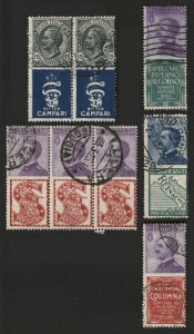 ITALY: 1924-25 definitives with advertising labels:15c Bitter Campari pair, 25c Reinach, 50c Columbia, 50c Piperno and 50c Singer strip of 3, G-FU. (Total: 8 stamps with labels).