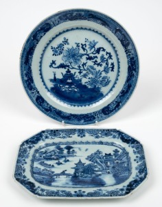 Two antique Chinese export ware blue and white plates, 18th century, 25.5cm and 26cm wide