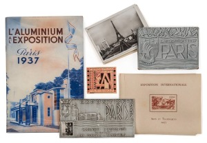 FRENCH COMMUNITY: The 1937 PARIS EXPOSITION: A nice group comprising of 19 Miniature Sheets issued by French Colonies and Territories, together with an entry ticket to the Exhibition, a guide book titled "L'Aluminium a L'Exposition", a set of 12 real photographs in an aluminium-like package by H. Chipault, and a souvenir folder (with an aluminium cover) containing 20 perforated miniature photo-stamps in 4 strips of 5, each depicting a different view or pavilion at the Exposition. Lovely pieces.