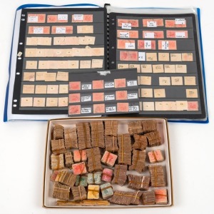 WESTERN AUSTRALIA - Postmarks: BULK: ½d, 1d and 2d bundleware (mainly 2d) in a box, together with an album containing 2d reds which have had some varieties identified. It looks like there has been no sorting for postmarks or varieties in the bundles. (many 100s; probably 1000s).
