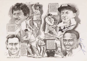 CRICKET KNIGHTS: Print "Knights of the Wicket" signed by Sir Richard Hadlee, Sir Don Bradman, Sir Colin Cowdrey & Sir Garfield Sobers, size 45x32cm.