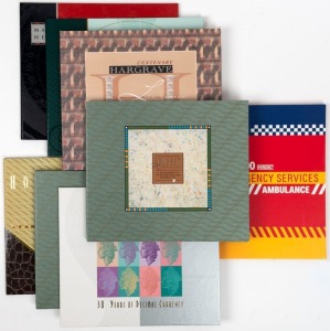 Banknote & Stamp folders from Australia Post & NPA: 1993 Eminent Australians $10 folders (2); 1994 Lawrence Hargrave $20 folder; 1995 Howard Florey $50 folder; 1996 30 Years of Decimal Currency $5 folder; 1997 Emergency Services $20 folder; 1999 Maritime Heritage $20 folder, 2010 Emergency Services $20 folder with corresponding numbered gutter block of stamps. (Total: 8 items)