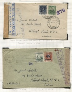 SPAIN: SPANISH CIVIL WAR: 1937 - 1944 collection of covers from Spain to a correspondent in Albert Park, Victoria, mostly emanating from Sant Fileu de Guixols or Barcelona. All covers are censored with various handstamps, re-sealing strips, etc., one in r