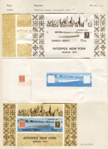 SAMOA: PROOFS: 1971 INTERPEX Stamp Exhibition Miniature Sheet: Courvoisier's original colour separations and completed design; all imperforate and affixed to their official archival album page [#1185] dated 29/12/1970. (5 items).