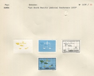 SAMOA: PROOFS: 1972 10s Judicial Conference issue: Courvoisier's original colour separations and the completed design; all imperforate and affixed to their official archival album page [#1236] dated 28/10/1971. UNIQUE. (4 items).