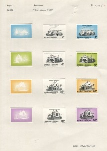 SAMOA: PROOFS: 1979 CHRISTMAS (Churches) series: Courvoisier's original colour separations and the completed designs; all imperforate and affixed to their official archival album page [#1773] dated 27/4/1979. UNIQUE. (12 items).