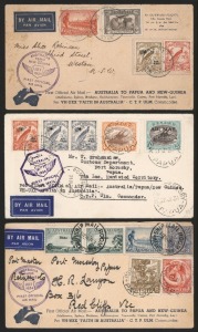 Aerophilately & Flight Covers: 1931-34 group with 1931 Australia-Java (AAMC.204) franked with 1/- Roo & WA 1½d x8, 1934 Australia-Papua or Australia-New Guinea (AAMC.390-392) flights (6) with a variety of frankings; also unrelated Australia 1941 concessional rate cover from Ocean Grove to Port Melbourne and a Tonga 1936 inwards Tin Can Mail cover from USA. (9 covers)