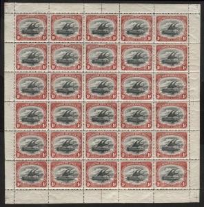 PAPUA: 1901-05 (SG.2) 1d Black & Carmine, horizontal wmk, complete sheet (30), mainly MUH and fresh. [Vignette Plate B with no "sickle flaw" at position 28].