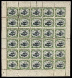 PAPUA: 1901-05 (SG.9) ½d Black & Yellow-green, vertical wmk, complete sheet (30), mainly MUH and fresh; a few M and most units affected by minor gum tropicalization. Partial Plate No "1" in lower left margin. Cat £750++.