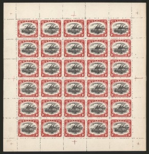 PAPUA: 1910-11 (SG.76) Large PAPUA perf.12½, 1d Black & Carmine, complete sheet (3) mainly MUH and fresh. Ideal for plating, with numerous identifiable varieties.