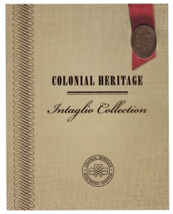 2013 Colonial Heritage "Intaglio Collection" folder containing each of the four IMPERFORATE M/Sheets produced for the Colonial Heritage series, the sheets produced using a combination of intaglio & offset printing. Limited edition numbered #96 of 380 prod