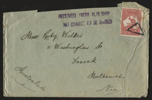 Postal History - World War I - Military: 1915 naval cover to Melbourne with 1d Kangaroo tied by triangular chop, fine 'RECEIVED FROM H.M SHIP/NO CHARGE TO BE RAISED' h/s alongside the stamp, minor damage on opening. The original letter headed "H.M.A.S. Sydney / at Bermuda W.I. / 2 January 1915" accompanies the envelope. "...I see in the morning war news Kitchener says the war will not last long now, and what he says is generally authentic...." (2 items).