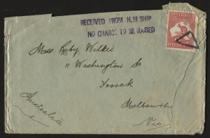 Postal History - World War I - Military: 1915 naval cover to Melbourne with 1d Kangaroo tied by triangular chop, fine 'RECEIVED FROM H.M SHIP/NO CHARGE TO BE RAISED' h/s alongside the stamp, minor damage on opening. The original letter headed "H.M.A.S. Sy