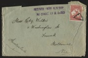 Postal History - World War I - Military: 1915&nbsp;naval cover to Melbourne with 1d Kangaroo tied by triangular chop, fine 'RECEIVED FROM H.M SHIP/NO CHARGE TO BE RAISED' h/s alongside the stamp, minor damage on opening. The original letter headed "H.M.A.S. Sy