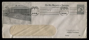 Sept. 1916 usage of delightful OHMS window-front envelope for the NSW Irrigation Commission from Sydney, with printed 2d Grey Kangaroo {BW: ES5] and lovely printed vignette view at left "A Settler's Home - Murrumbidgee Irrigation Areas".