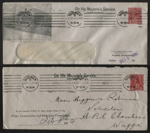 Feb. & Oct. 1915 usage usages of 1d Red KGV imprint (BW: ES14), one on a delightful OHMS window-front envelope for the NSW Irrigation Commission from Sydney, with printed vignette view at left "A Settler's Home - Murrumbidgee Irrigation Areas"; the other on a normal long cover for the Water Conservation and Irrigation Commission. (2).