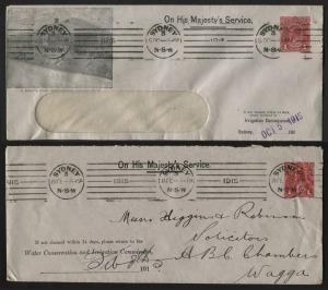 Feb. & Oct. 1915 usage usages of 1d Red KGV imprint (BW: ES14), one on a delightful OHMS window-front envelope for the NSW Irrigation Commission from Sydney, with printed vignette view at left "A Settler's Home - Murrumbidgee Irrigation Areas"; the other 