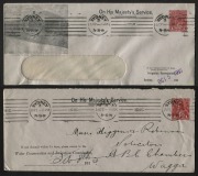 Feb. & Oct. 1915 usage usages of 1d Red KGV imprint (BW: ES14), one on a delightful OHMS window-front envelope for the NSW Irrigation Commission from Sydney, with printed vignette view at left "A Settler's Home - Murrumbidgee Irrigation Areas"; the other 