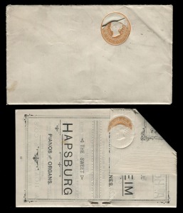 VICTORIA - Postal Stationery: ADVERTISING ENVELOPE: 1894 (Stieg: KB15) 1d Orange-Brown PTPO Envelope for Bear's Patent Advertising Booklet, with 32pp advertising booklet enclosed; the envelope in very good condition, the booklet in very fine condition, unused. The featured advertising is for wine, whisky, Georges Emporium, Allen & Co Musical Instruments, Wertheim Dewing Machines, Warner's Safe Cure Pills, etc.