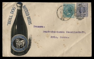 NEW SOUTH WALES - Postal Stationery: ADVERTISING STAMPED TO ORDER ENVELOPE: 2d blue (uprated with ½d adhesive) envelope for Robert Porter & Co., Limited (with an illustration of their Bull Dog brand bottled beer), used from Sydney April 20 1905 to APIA, SAMOA with 10 May 1905 arrival backstamp. A few tone spots.