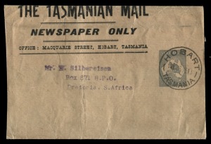 PRINTED TO PRIVATE ORDER: 1913 2d Grey Kangaroo, FU from Hobart to Pretoria, South Africa in June 1913 for "The Tasmanian Mail"; one of only 3 examples known of BW: WS3. (Cat.$2000).