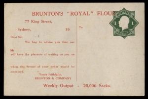 STAMPED TO ORDER POSTCARD: 1924-28 (BW:PS22) Octagonal 1d green KGV with "POSTAGE" in die, superb example on unused postcard for BRUNTON & Co. Flour Millers. Very fine condition and rare.
