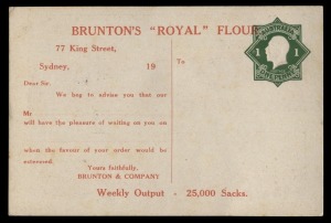 STAMPED TO ORDER POSTCARD: 1924-28 (BW:PS22) Octagonal 1d green KGV with "POSTAGE" in die, superb example on unused postcard for BRUNTON & Co. Flour Millers. Very fine condition and rare.