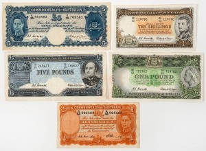 Five assorted Australian pre-decimal banknotes, comprising 2x £5 Coombs and Wilson, £1 Coombs and Wilson, 2 x ten shilling notes.