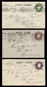 STAMPED TO ORDER POSTCARDS: 1924-28 (BW:PS18, 21, and 22) Octagonal  1½d red-brown, 1d violet and 1d green KGV with "POSTAGE" in die, all attractively used between 1923 - 1926 for Concrete Constructions Pty Ltd, Melbourne. (3). Cat.$1000.