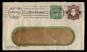 STAMPED TO PRIVATE ORDER ENVELOPE: 1920 1½d red-brown KGV Octagonal + ½d green KGV Sideface (BW:ES53) for Vacuum Oil, Melbourne (one of only 3 known users), FU Nov.1920. Cat.$750.