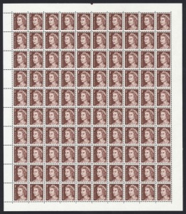 1966 (SG.382 var.) 1c brown Queen Elizabeth, complete sheet on NON-HELECON PAPER [BW: 436ad - $100 each], (100) superb MUH. Cat.$10,000+.